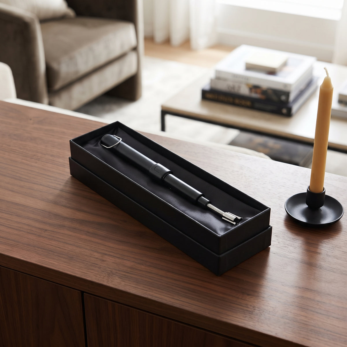 Black rechargeable flameless extendable lighter with a flexible long neck, USB charging, and windproof design. Adjustable length for lighting candles, grills, fireplaces, and outdoor use.