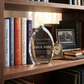 7-inch optic crystal teardrop trophy with faceted edges, laser engravable, presentation boxed.
