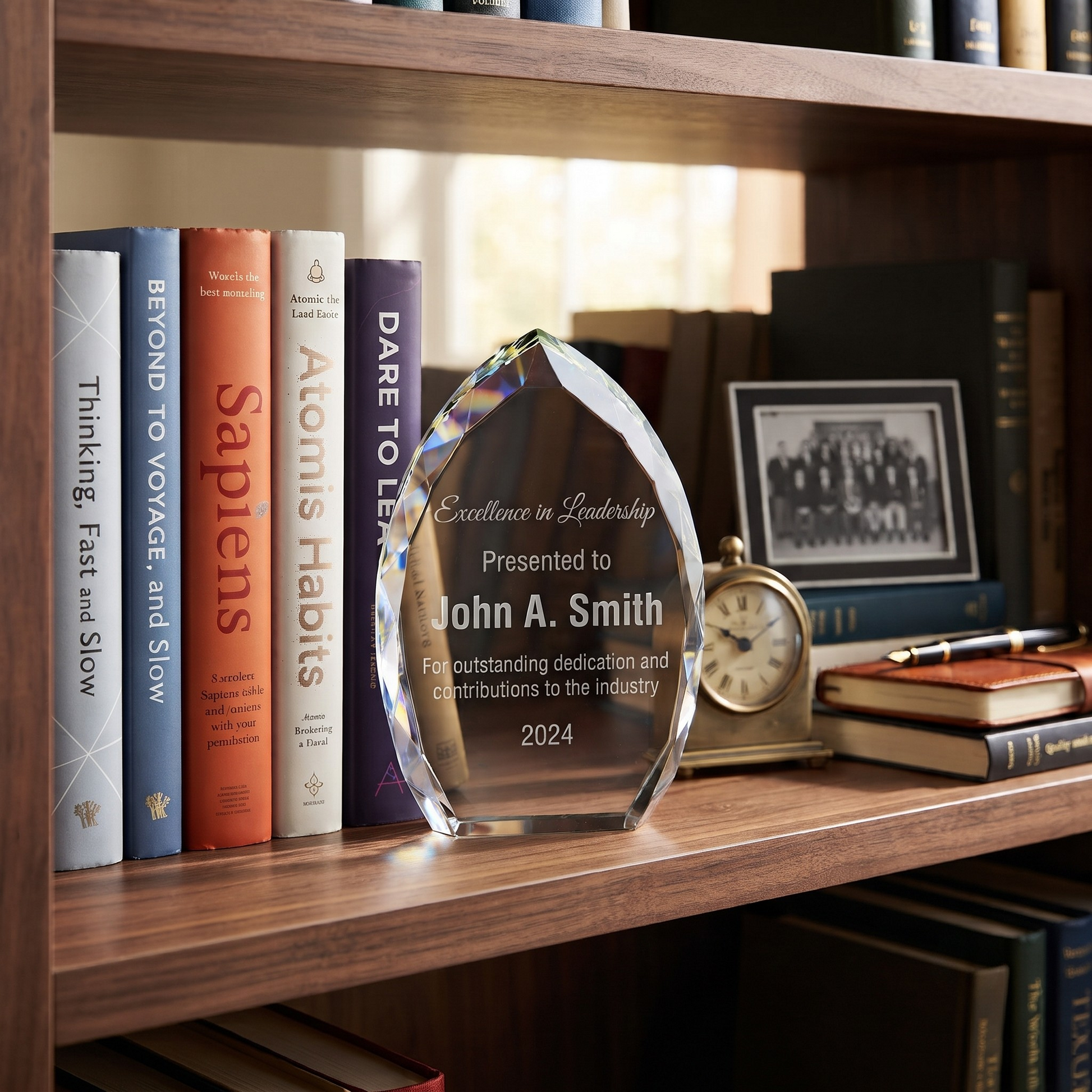 7-inch optic crystal teardrop trophy with faceted edges, laser engravable, presentation boxed.