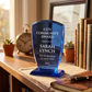 Small 6.25 inch cobalt shield crystal trophy with a sleek contemporary design, ideal for personalized recognition and achievement awards.
