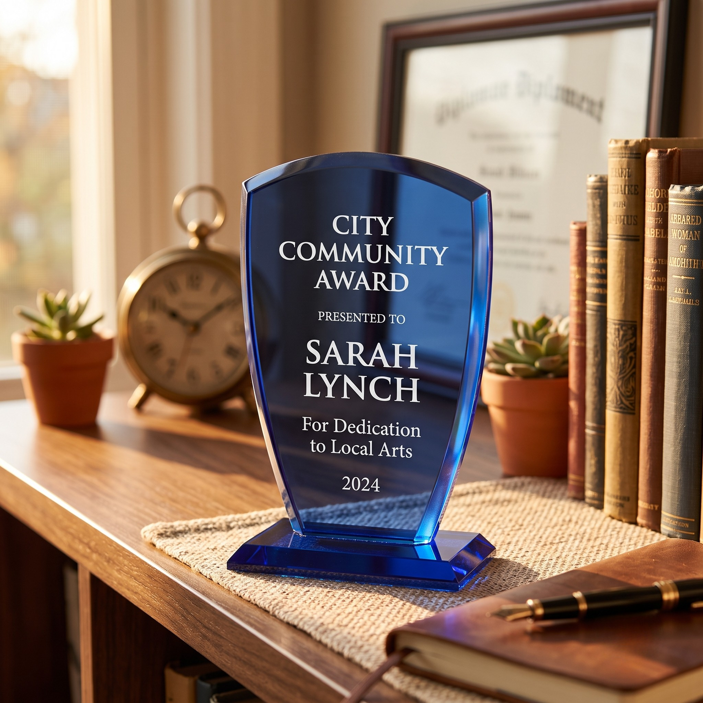Small 6.25 inch cobalt shield crystal trophy with a sleek contemporary design, ideal for personalized recognition and achievement awards.