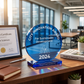 Medium 6 inch x 4.75 inch cobalt orb crystal trophy with a sleek contemporary design, ideal for personalized recognition and achievement awards.
