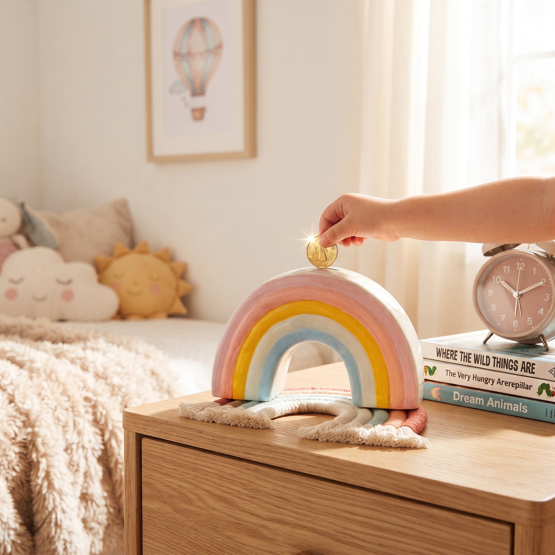 Ceramic rainbow coin bank with vibrant rainbow colors, measuring approximately 7 x 4 x 2 inches, displayed as a whimsical decorative piece for a shelf, desk, or dresser.