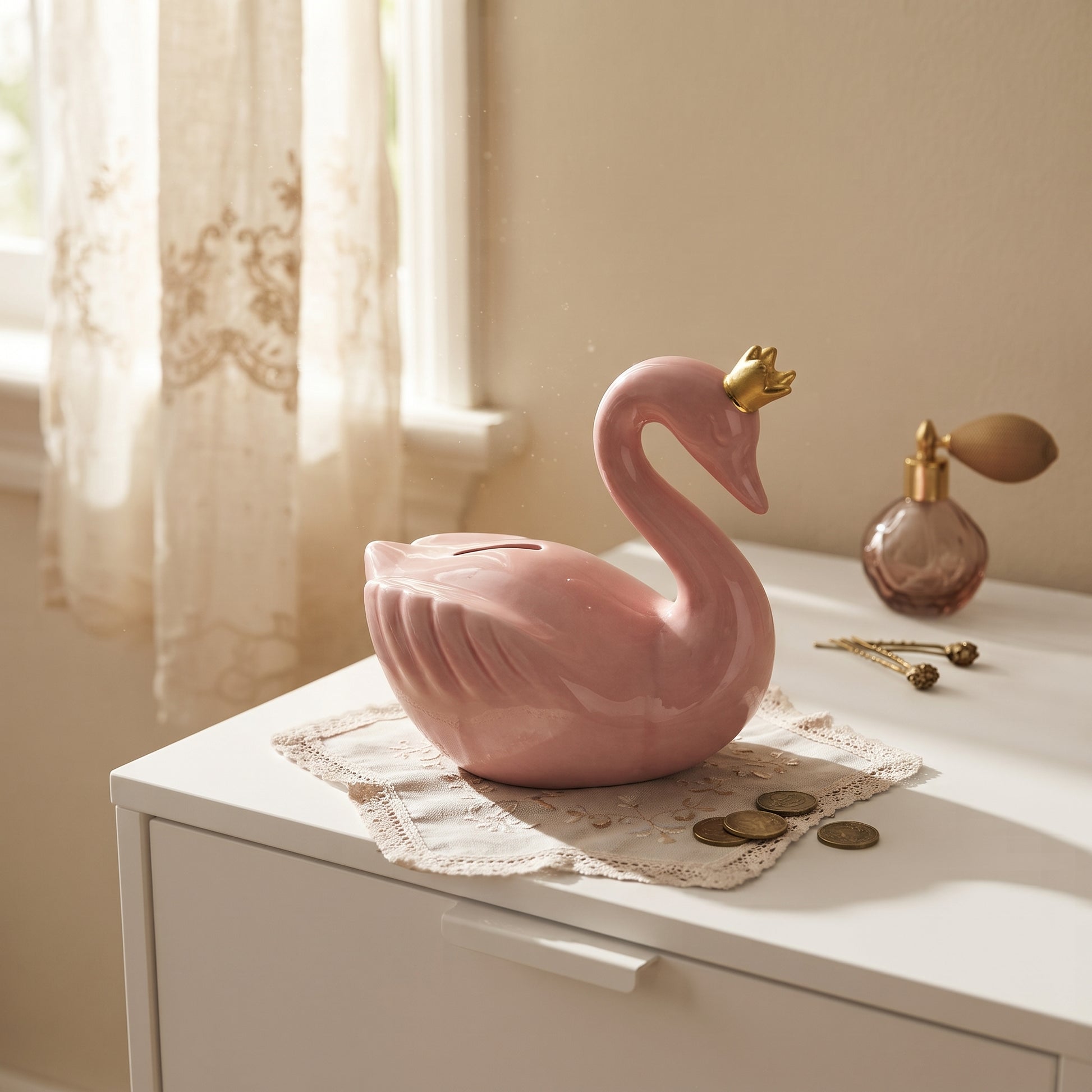 Light pink ceramic swan bank, 6 inches x 6.75 inches x 4 inches, adorned with a small gold crown. A whimsical and elegant decorative coin bank for children or adults.
