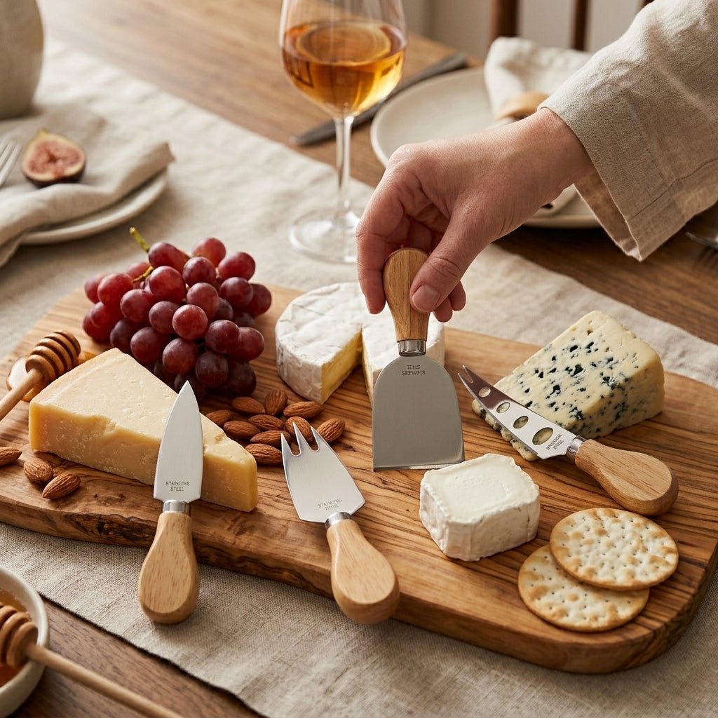 4-piece cheese serving set with wooden handles and stainless steel blades, including a cheese fork, chisel knife, plane knife, and spreader for serving cheese and charcuterie.