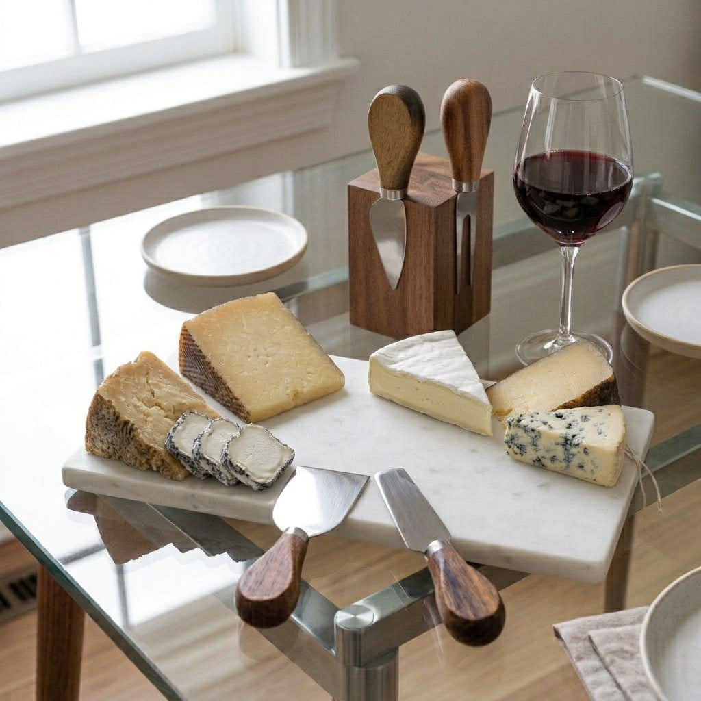 Magnetic acacia wood cheese tool block with four utensils: fork, chisel, plane, and spreader. Compact 3.5-inch set for serving and storing cheese tools, ideal for charcuterie boards and gifting.