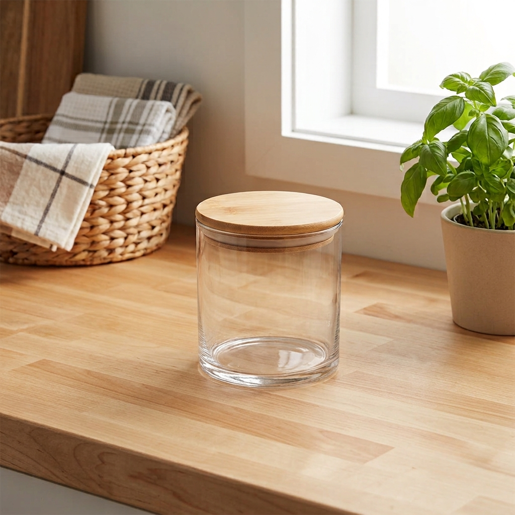 Small round 16 oz glass storage container with a bamboo lid, airtight rubber gasket, and contemporary design, gift boxed.