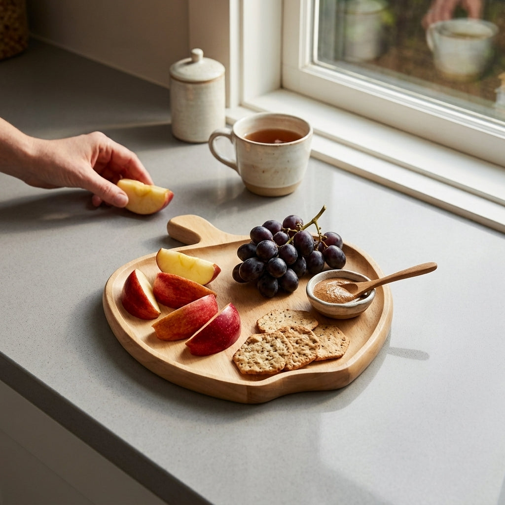 Wood apple-shaped serving dish measuring 9 x 8.5 x 0.75 inches, ideal for serving snacks and appetizers or holding everyday items like keys and jewelry.
