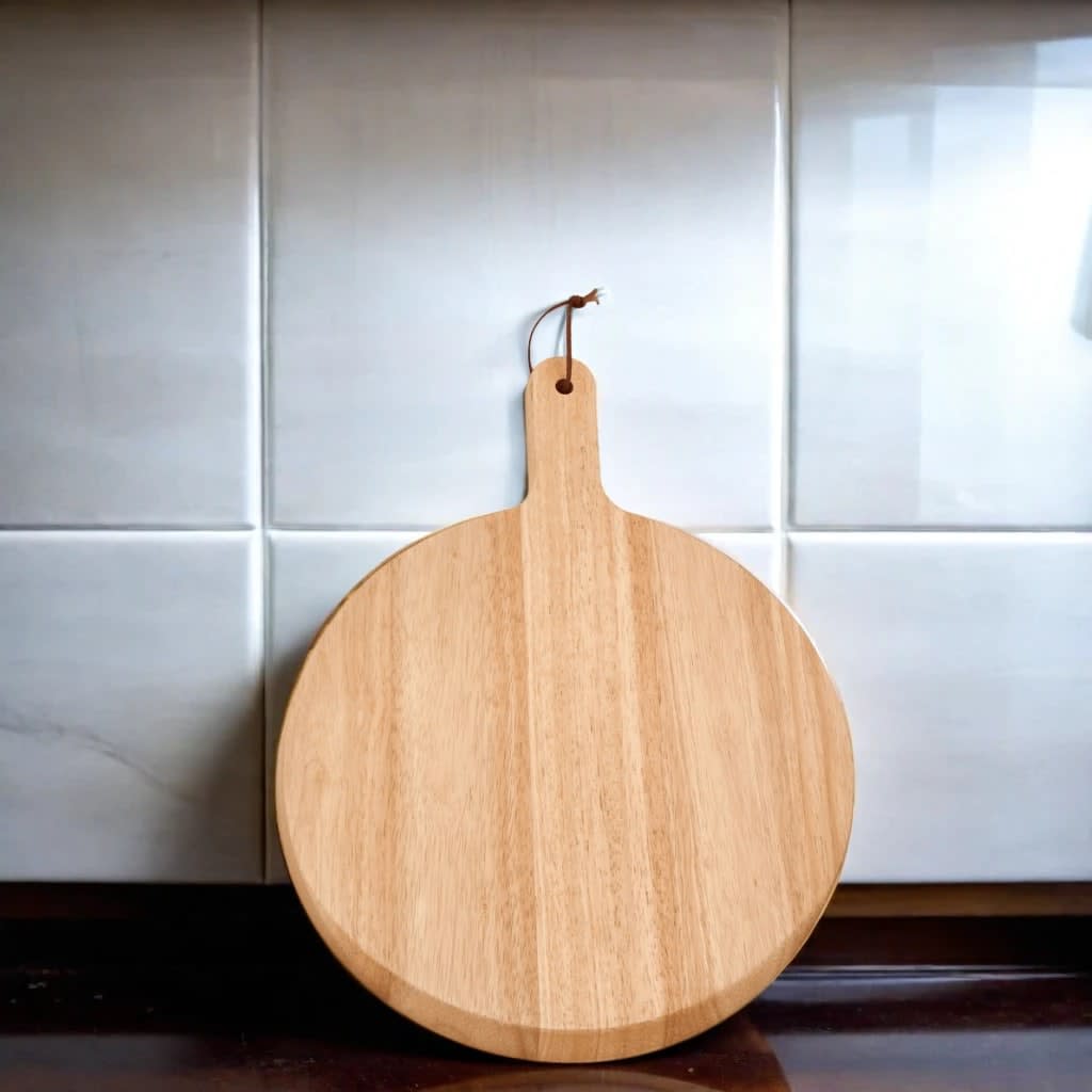 Rubberwood Pizza Board with Handle - 13.5" Diameter