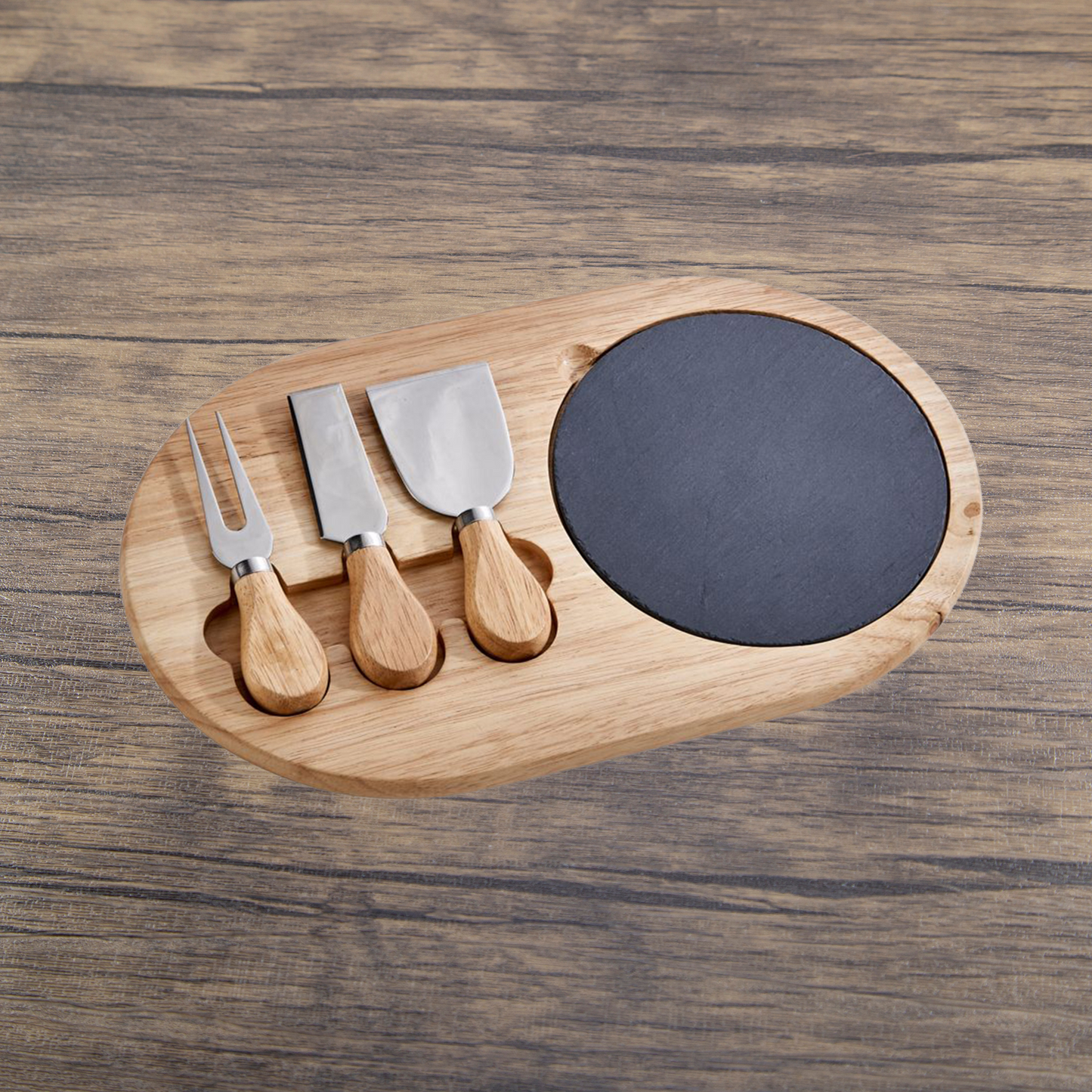 3-Piece Oval Slate & Wood Cheese Board Set