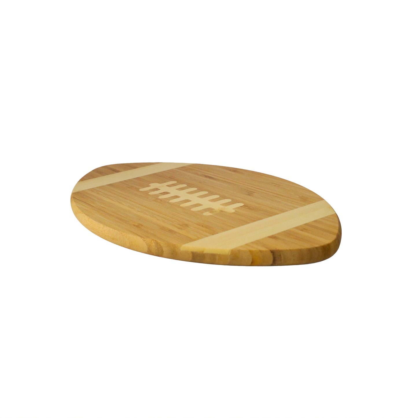 Bamboo football-shaped cutting board, 15" x 8.5", perfect for serving snacks, charcuterie, and game-day appetizers while adding a sporty touch to any kitchen or gathering.