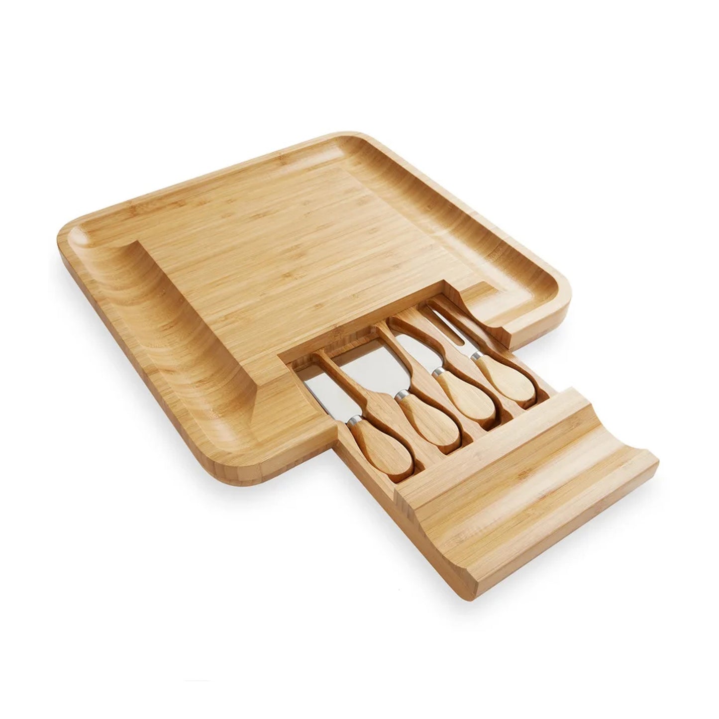 Bamboo Square 13" Cheese Board With 4 Tools