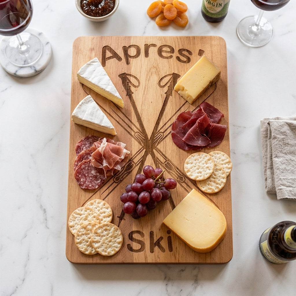 Apres Ski Wood Board, 15 inches long x 10 inches wide, made from pine wood with engraved ski and ski pole details, featuring customizable engraving options.