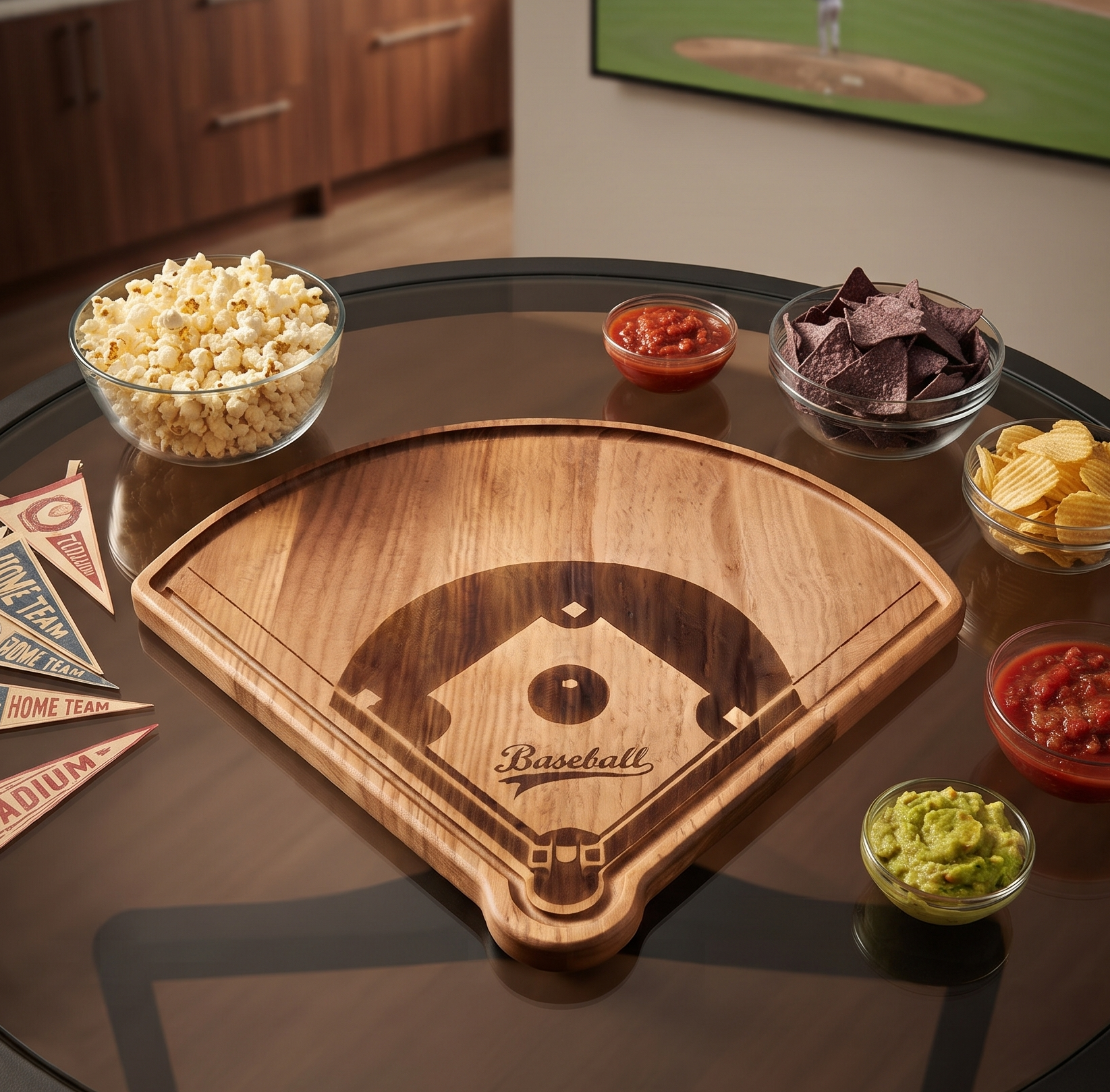 Baseball Diamond Wood Board, 18 inches long x 15 inches high, made from pine wood, featuring a baseball diamond shape ideal for sports-themed gatherings, with a durable, knife-friendly surface and easy hand-wash care.