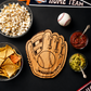 Baseball Glove Wood Board, 13.75 inches long x 12 inches high, made from premium maple wood, featuring a baseball glove shape with ball detail and customizable engraving options for monogram or single-line text.