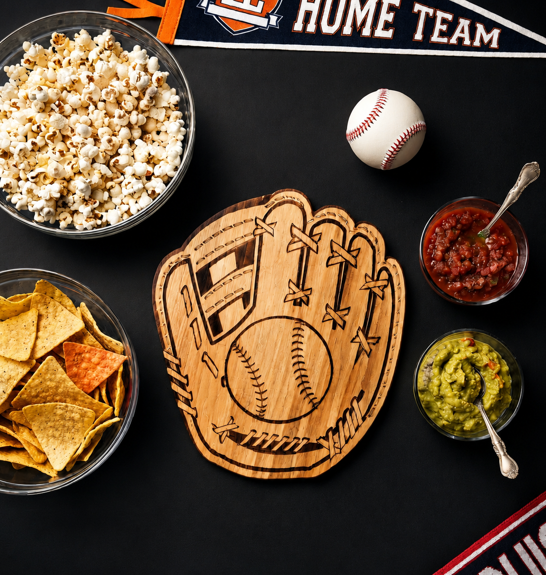 Baseball Glove Wood Board, 13.75 inches long x 12 inches high, made from premium maple wood, featuring a baseball glove shape with ball detail and customizable engraving options for monogram or single-line text.