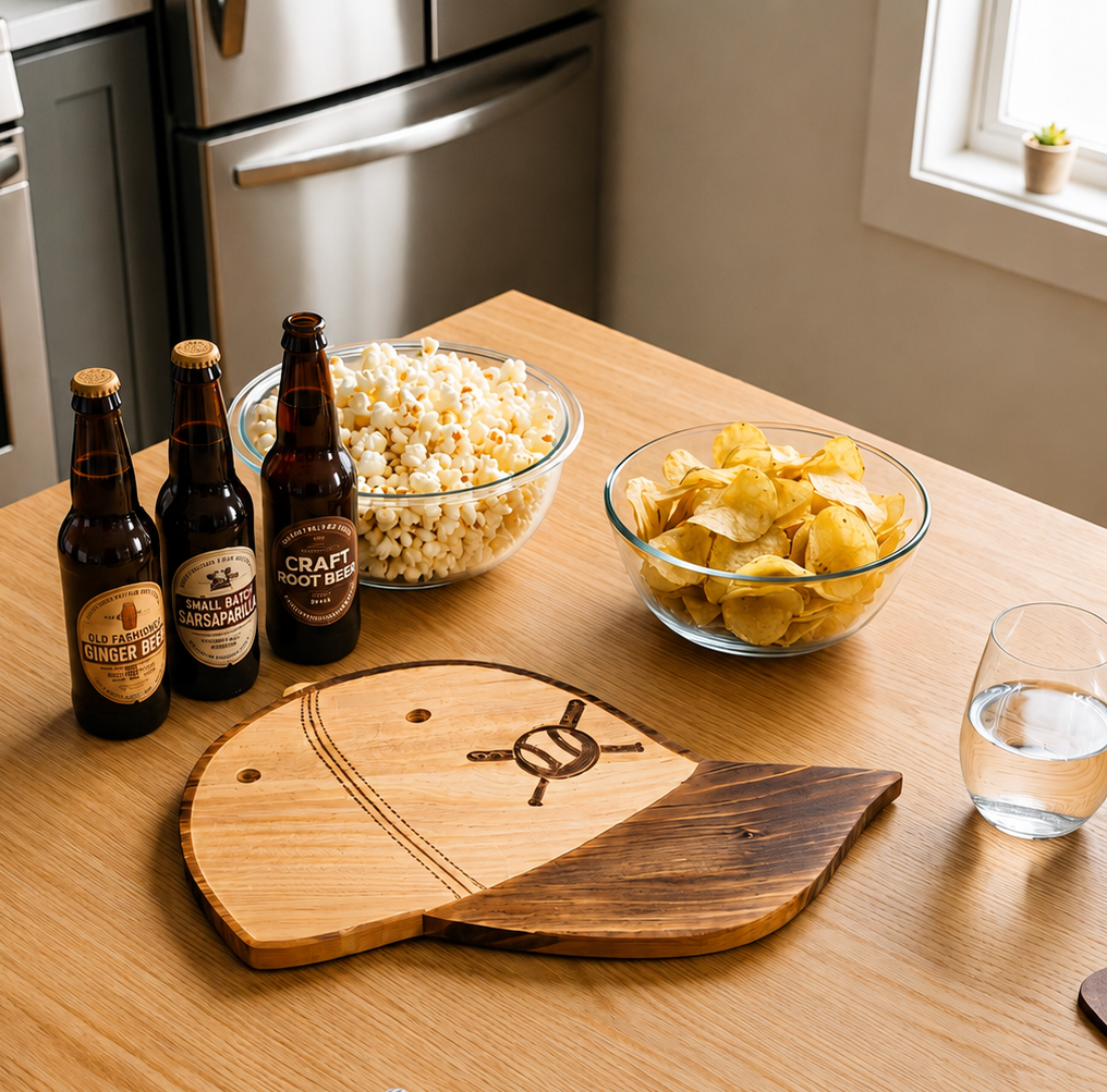 Baseball Cap Wood Board, 16 inches long x 10.5 inches high, made from pine wood, featuring a baseball cap shape with a durable, knife-friendly surface, perfect for serving, cutting, and sports-themed gatherings.