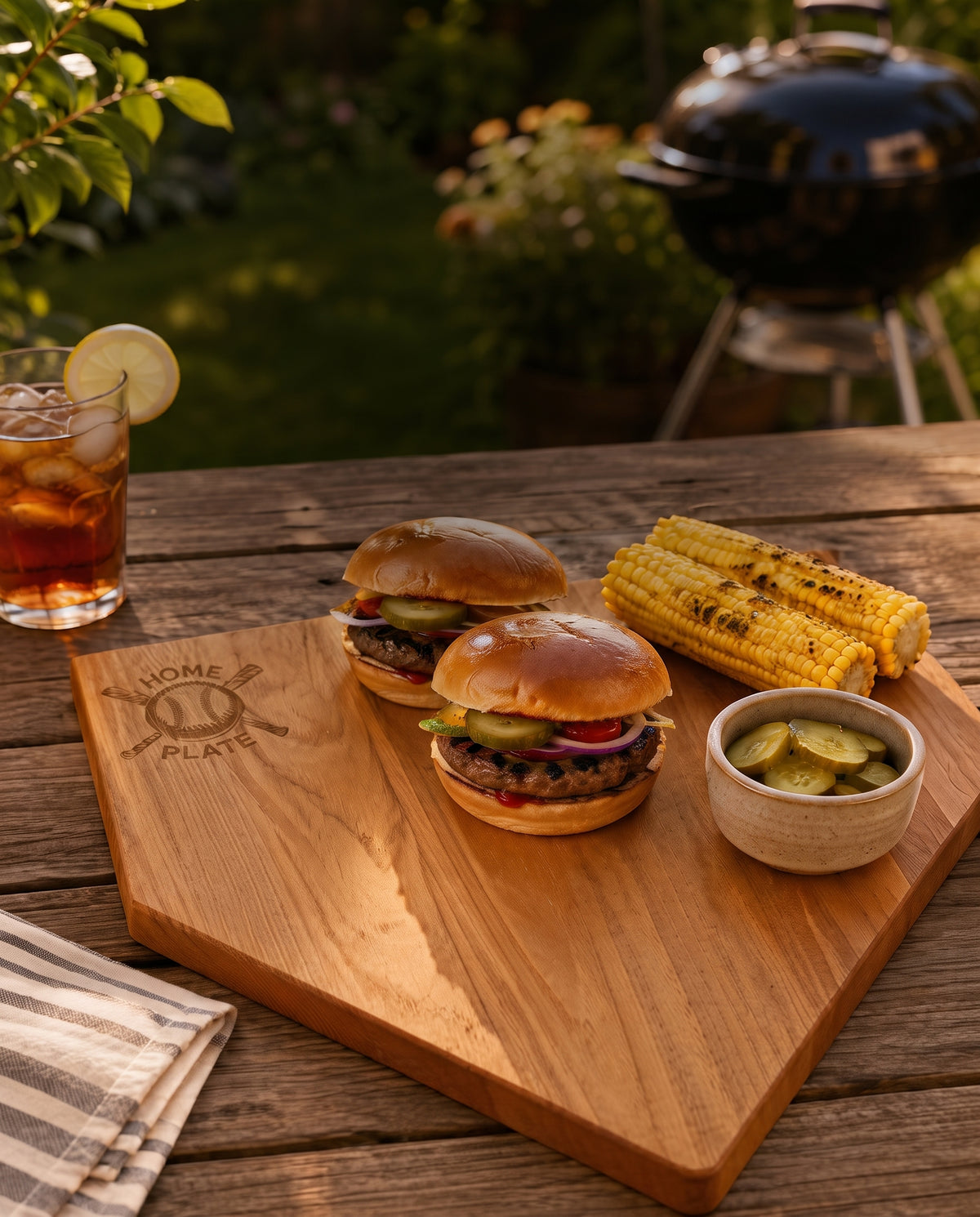 Pine wood baseball home plate board measuring approximately 17 x 17 inches, featuring a home plate shape with a baseball and bats design, perfect for serving snacks or preparing food at sports-themed gatherings.