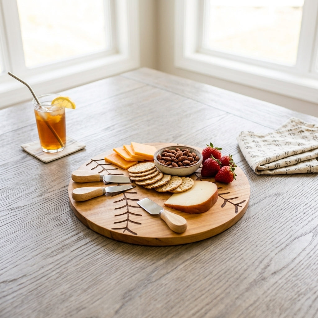 Baseball-shaped wood serving board, 13 inches, made from pine wood with detailed stitching, ideal for serving snacks, appetizers, and sports-themed gatherings.
