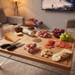 Wood basketball court board measuring approximately 18 x 12 x 0.75 inches, featuring detailed court lines and a basketball in the center, ideal for serving snacks or as a personalized gift for sports fans.