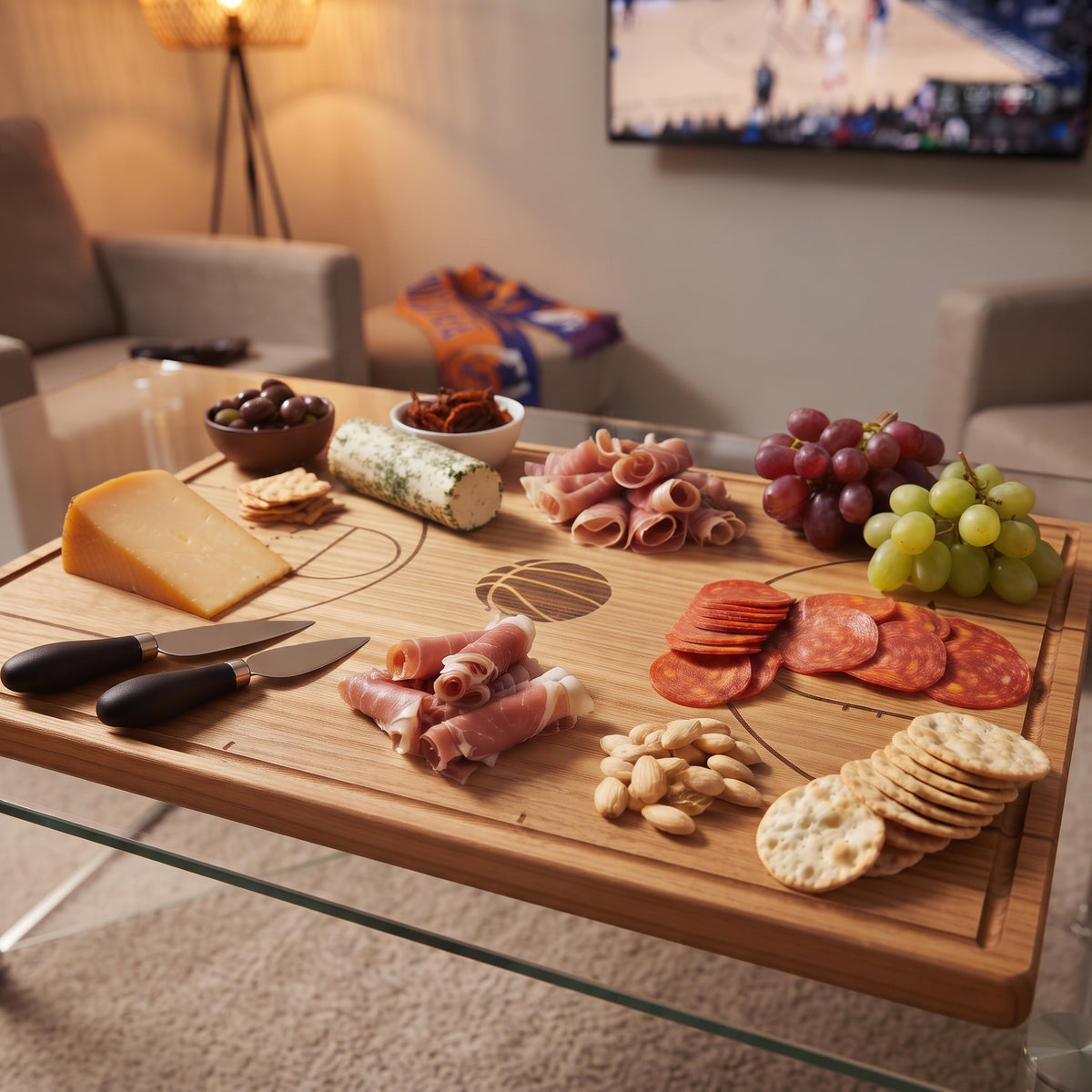 Wood basketball court board measuring approximately 18 x 12 x 0.75 inches, featuring detailed court lines and a basketball in the center, ideal for serving snacks or as a personalized gift for sports fans.