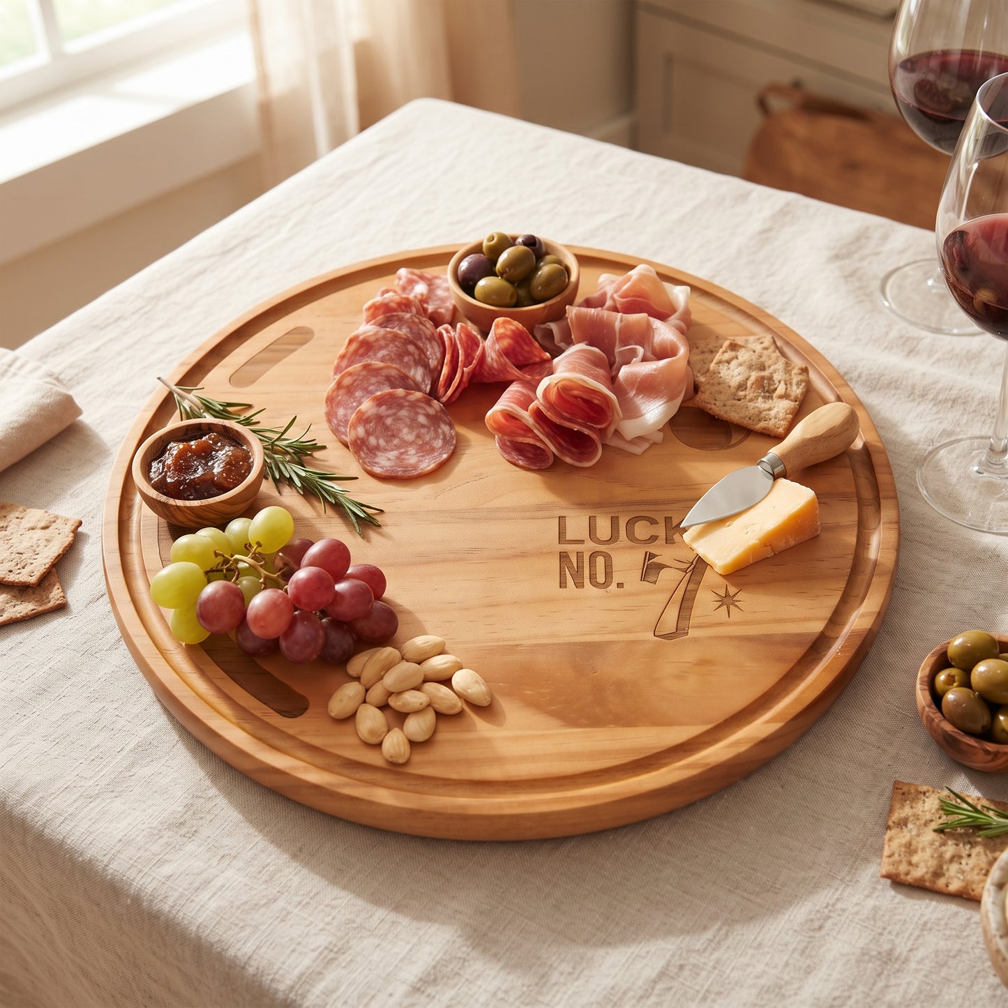 Pine wood bowling ball board measuring approximately 13 inches in diameter, featuring realistic grip holes and a “Lucky No. 7” detail, perfect for serving snacks or charcuterie at sports-themed gatherings.