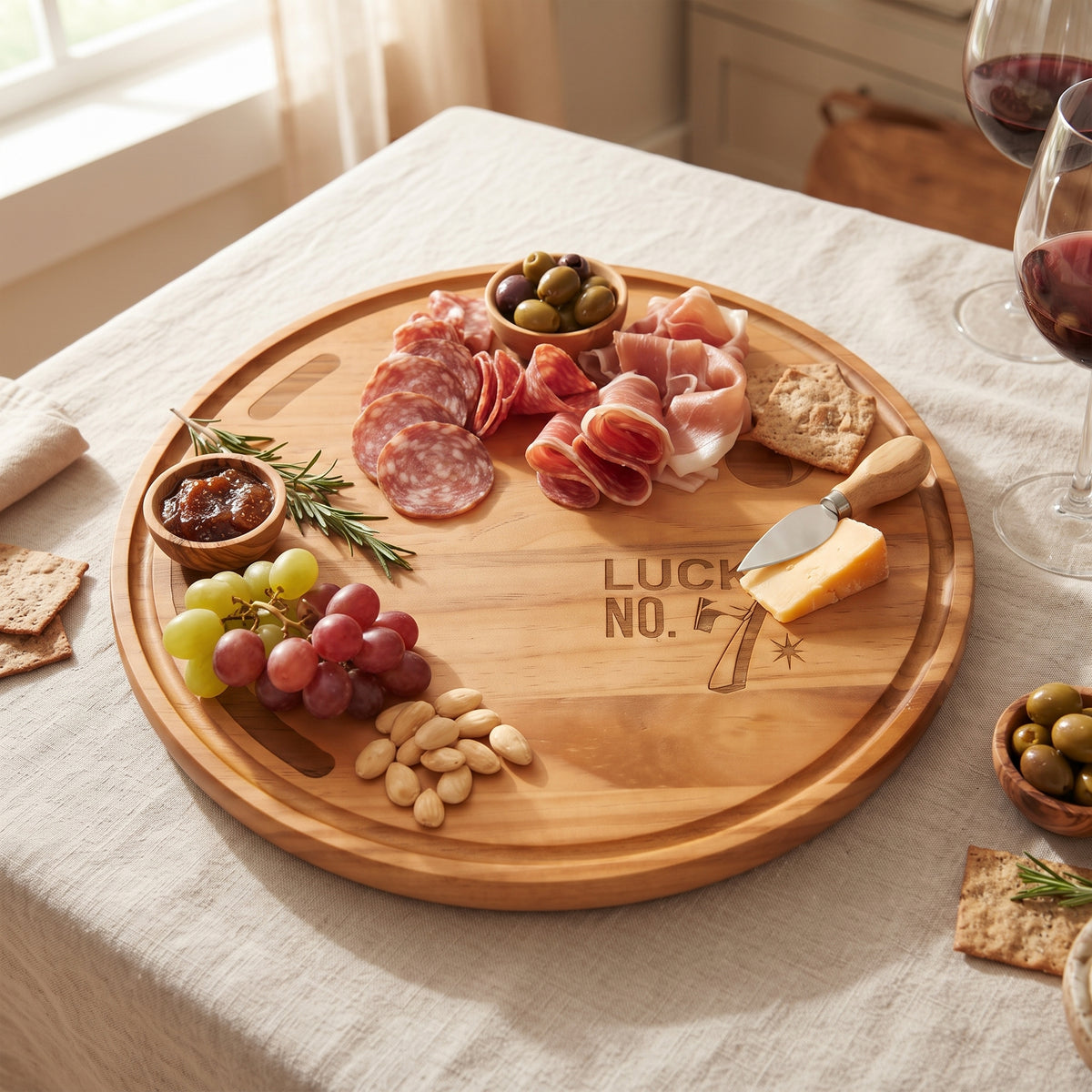 Pine wood bowling ball board measuring approximately 13 inches in diameter, featuring realistic grip holes and a “Lucky No. 7” detail, perfect for serving snacks or charcuterie at sports-themed gatherings.