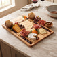 Pine wood bowling lane serving board measuring approximately 11.5 x 18 inches, featuring detailed lane lines, gutters, bowling pins, and a bowling ball design, perfect for game nights, sports gatherings, or bowling enthusiasts.