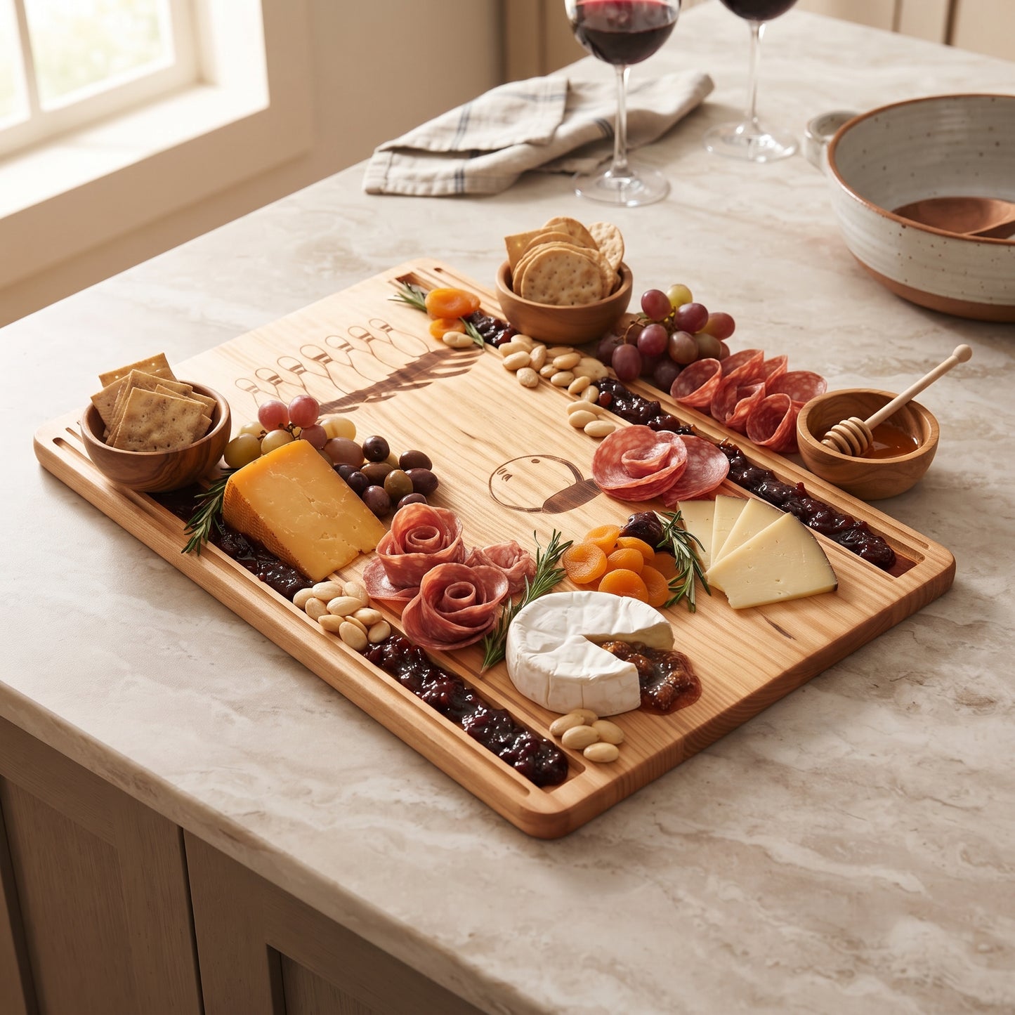 Pine wood bowling lane serving board measuring approximately 11.5 x 18 inches, featuring detailed lane lines, gutters, bowling pins, and a bowling ball design, perfect for game nights, sports gatherings, or bowling enthusiasts.