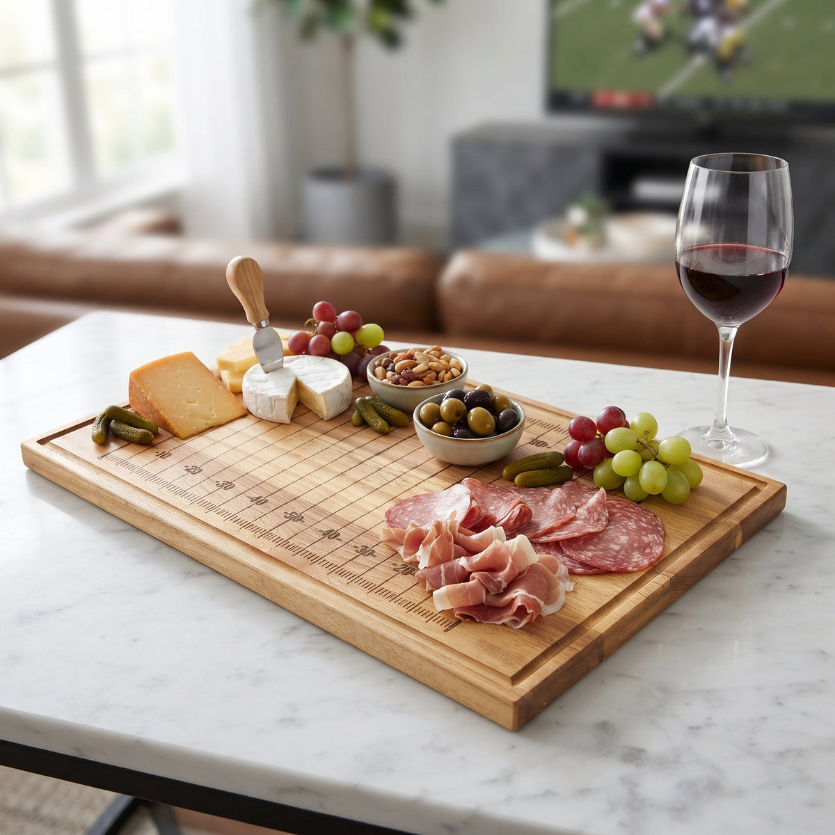 Football Field Wood Board, 20 x 12 inches, made of pine wood with detailed yard lines and end zones. A spacious game-day serving board for wings, sliders, and other snacks.
