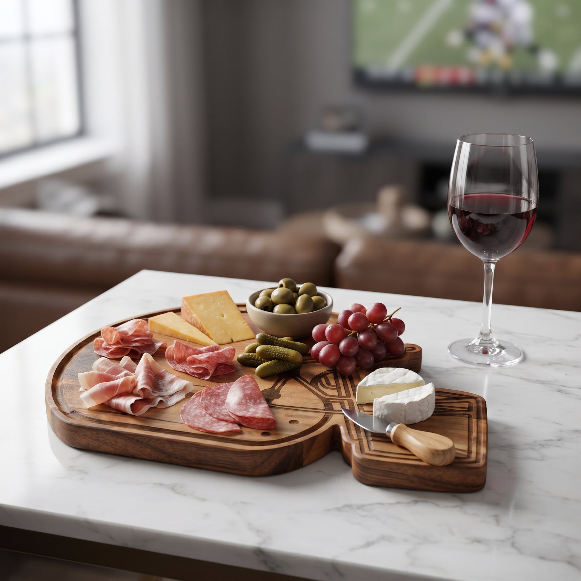 Football helmet-shaped wood board, 15 x 11 inches, made from premium wood. A sporty serving board for game-day snacks, tailgates, and football fans, with optional engraving.
