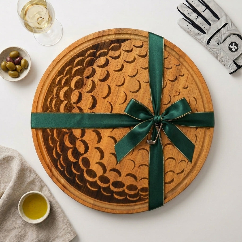 13-inch golf ball-shaped wooden charcuterie board, personalized serving tray for cheese, meats, appetizers, and golf lover gifts.
