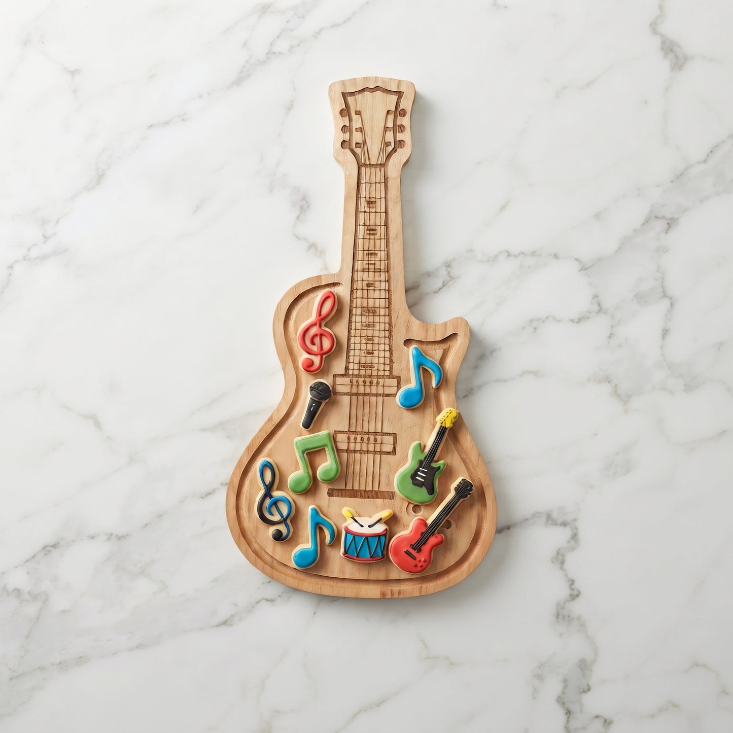 Guitar-shaped wood serving board, 9 x 17 inches, featuring electric guitar detailing and a grooved edge, ideal for serving snacks, cheese, and charcuterie.
