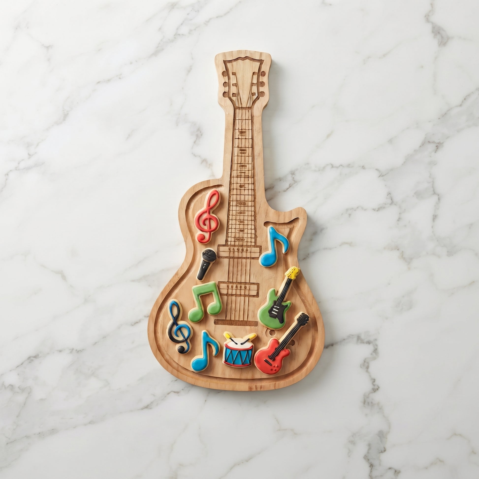 Guitar-shaped wood serving board, 9 x 17 inches, featuring electric guitar detailing and a grooved edge, ideal for serving snacks, cheese, and charcuterie.
