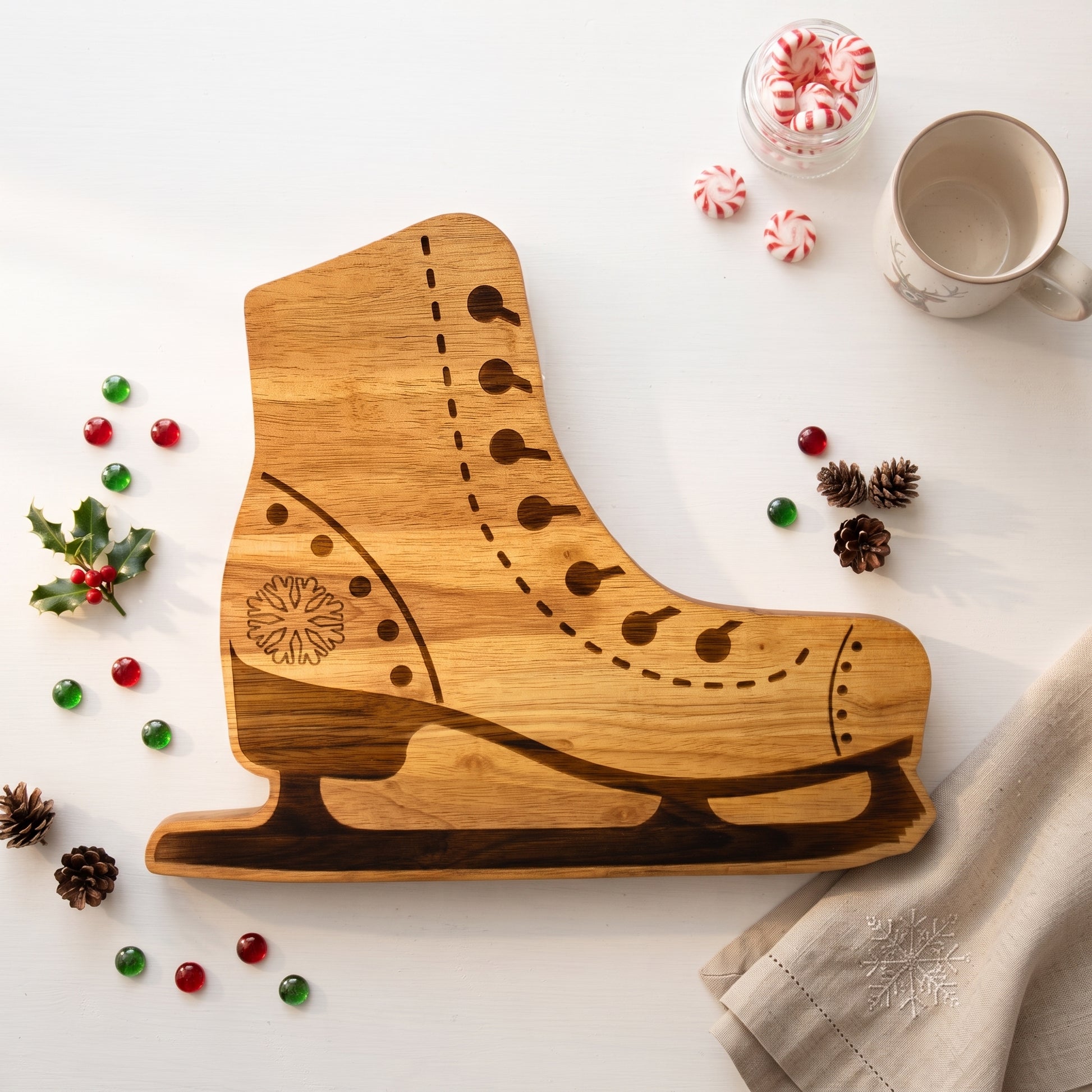 Ice skate-shaped wood serving board, 12.5 x 15 inches, made from pine wood with detailed laces, stitching, blade, and snowflake accent, ideal for winter gatherings.
