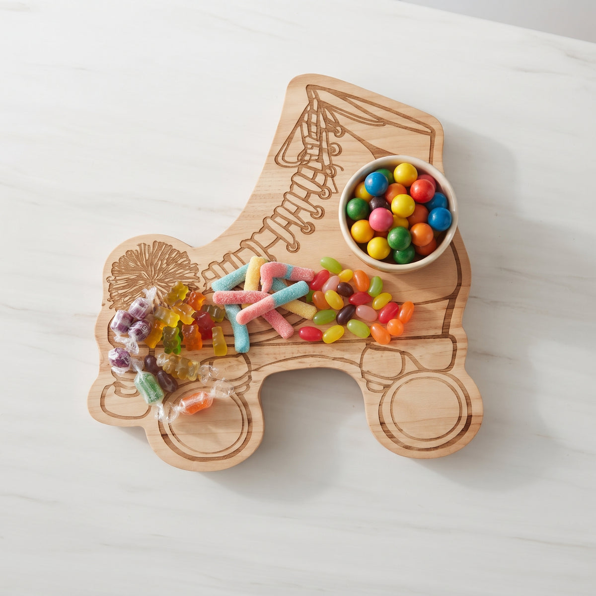 Roller skate-shaped wood serving board, 13 x 15 inches, made from pine wood with detailed laces, wheels, toe stop, and pompom, ideal for snacks and charcuterie.
