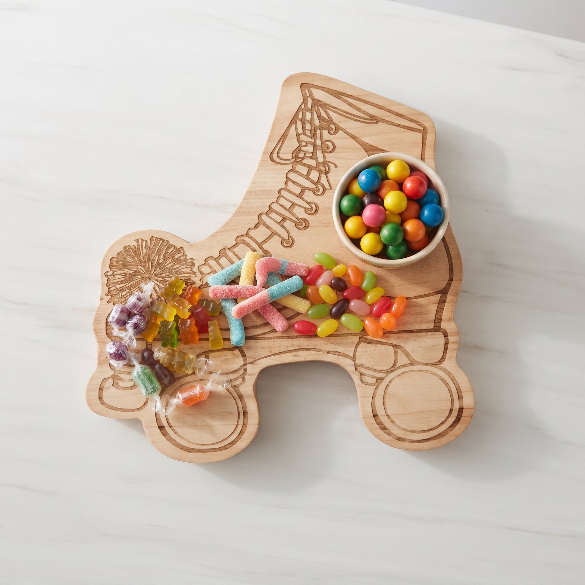 Roller skate-shaped wood serving board, 13 x 15 inches, made from pine wood with detailed laces, wheels, toe stop, and pompom, ideal for snacks and charcuterie.
