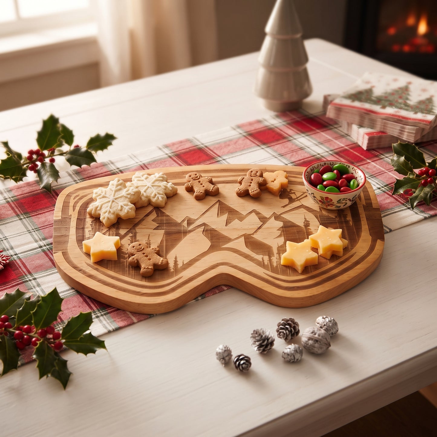 Ski goggles-shaped wood serving board, 15 x 8.75 inches, featuring alpine mountain and skier details, ideal for snacks, appetizers, and winter gatherings.