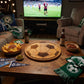 Soccer ball-shaped wood serving board, 13 inches, with detailed panel stitching, ideal for serving snacks, appetizers, and game day gatherings.

