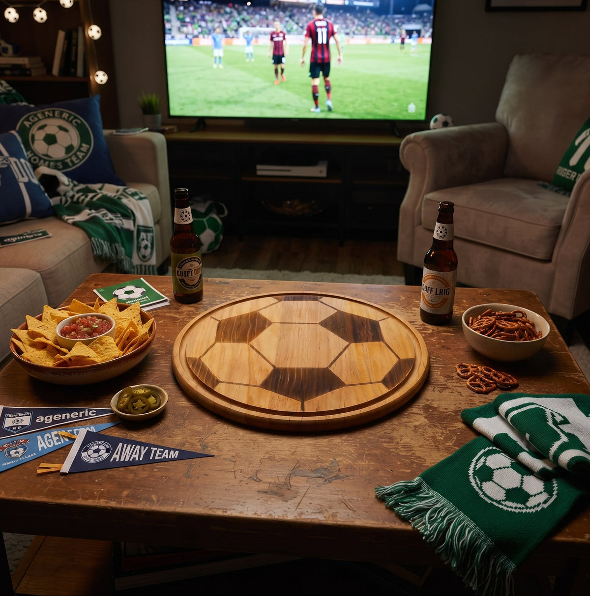 Soccer ball-shaped wood serving board, 13 inches, with detailed panel stitching, ideal for serving snacks, appetizers, and game day gatherings.
