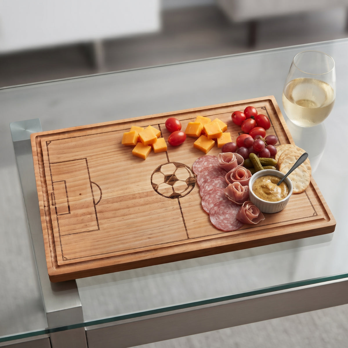 Soccer field-shaped wood serving board, 18 x 12 inches, with detailed field markings, goal areas, and center soccer ball, ideal for snacks, appetizers, and game day gatherings.
