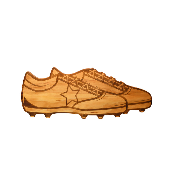 Golf shoes-shaped wood board, 7.5" x 18", a unique serving and charcuterie board for golf enthusiasts, combining functionality with sporty style.