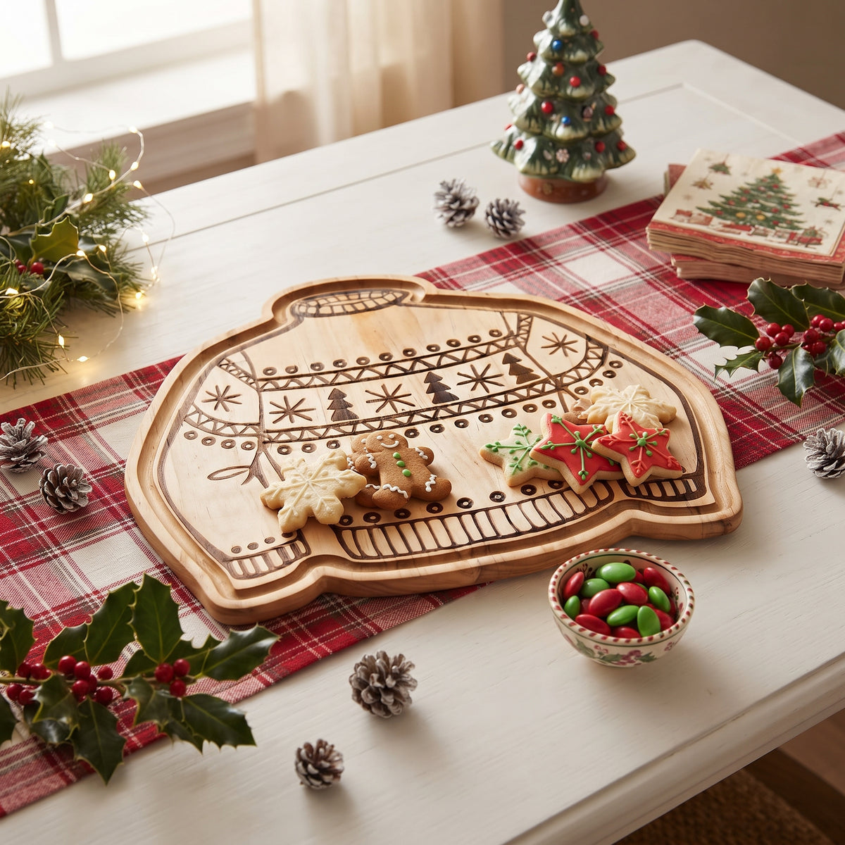 Sweater-shaped wood serving board, 13 x 15 inches, with festive stitching, stripes, trees, and stars, ideal for serving holiday treats and appetizers.
