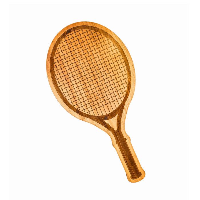 Tennis racket-shaped wood serving board, 9 x 18 inches, made from pine wood with detailed strings and handle, ideal for serving snacks and appetizers.
