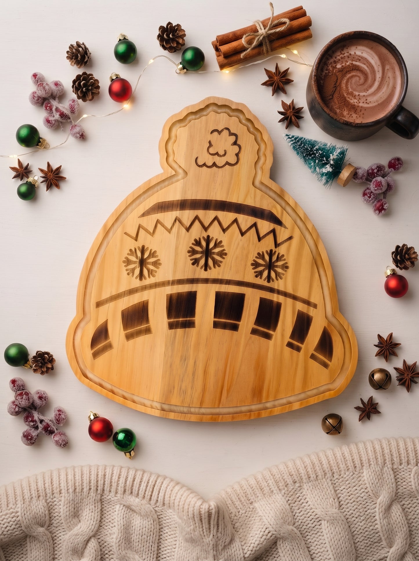 Winter hat-shaped wood serving board, 13.5 x 15 inches, with festive stripes, snowflake details, and pompom accent for serving snacks and appetizers.
