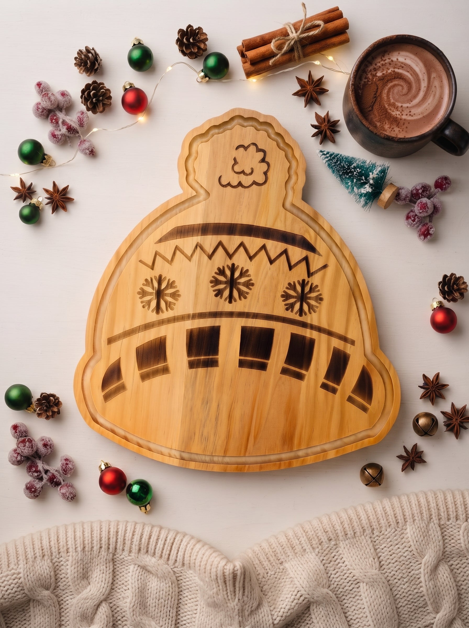 Winter hat-shaped wood serving board, 13.5 x 15 inches, with festive stripes, snowflake details, and pompom accent for serving snacks and appetizers.
