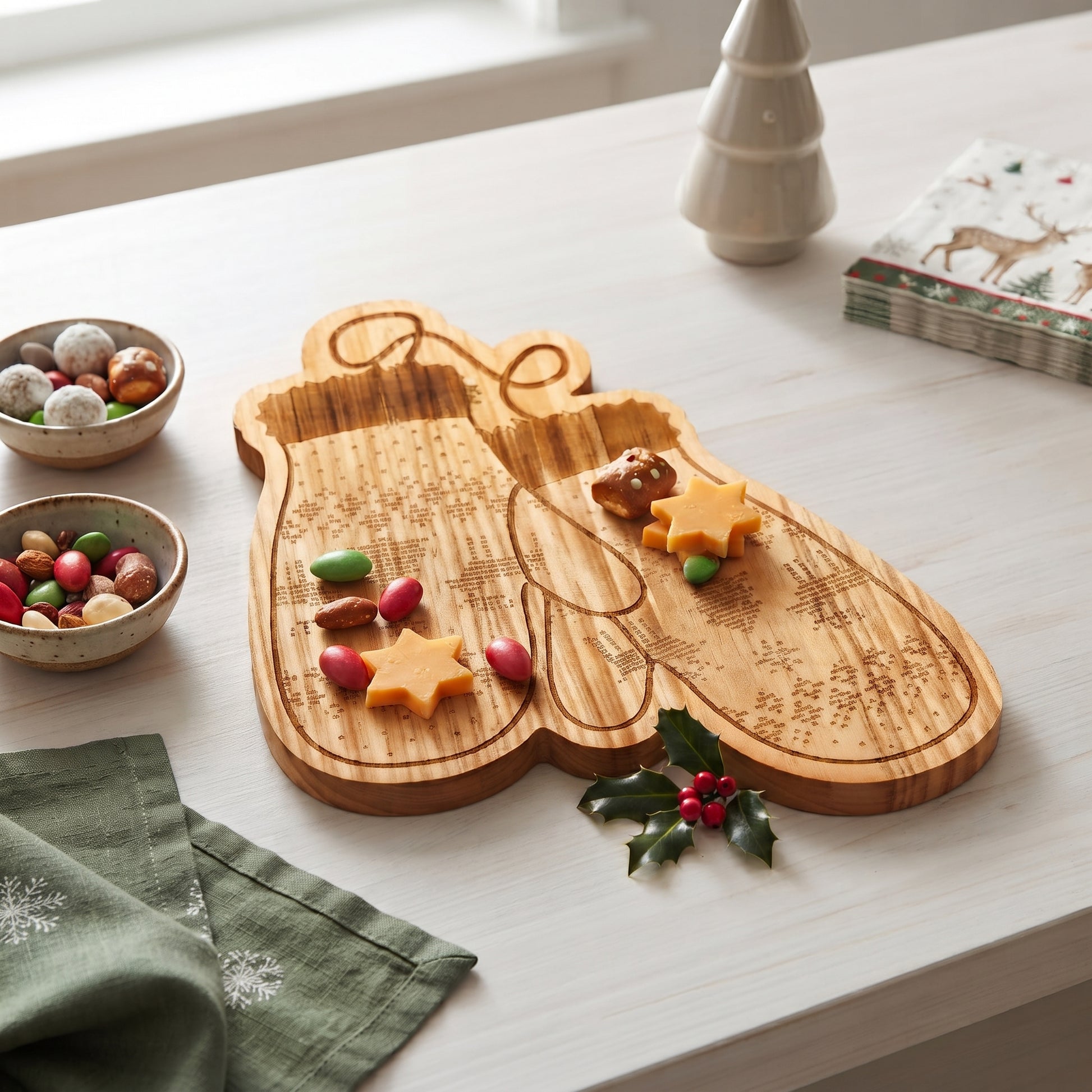 Mittens-shaped wood serving board, 10.75 x 15.75 inches, made from pine wood with festive snowflake, reindeer, tree, and polka dot details for holiday serving.
