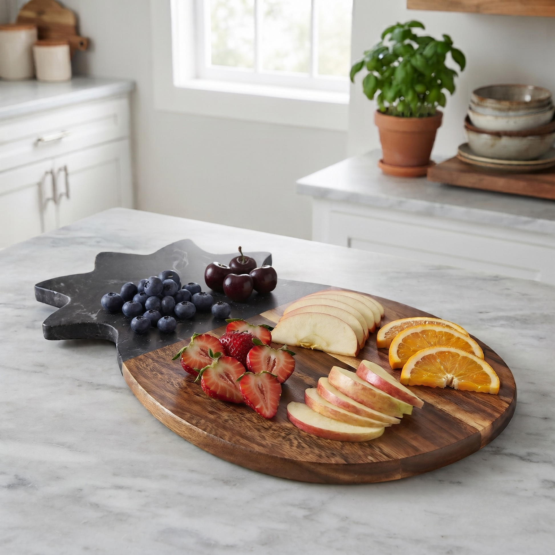 Black marble and acacia wood pineapple-shaped serving board, 12 x 7 inches, with a modern design for serving cheese, charcuterie, appetizers, and snacks.