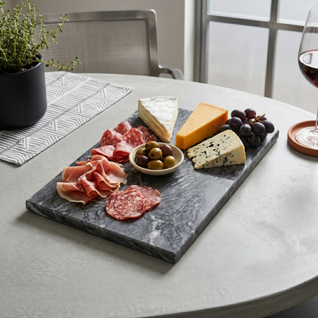 Black marble serving board, 8 x 12 inches, featuring natural veining and a durable design for serving cheese, charcuterie, appetizers, and snacks.
