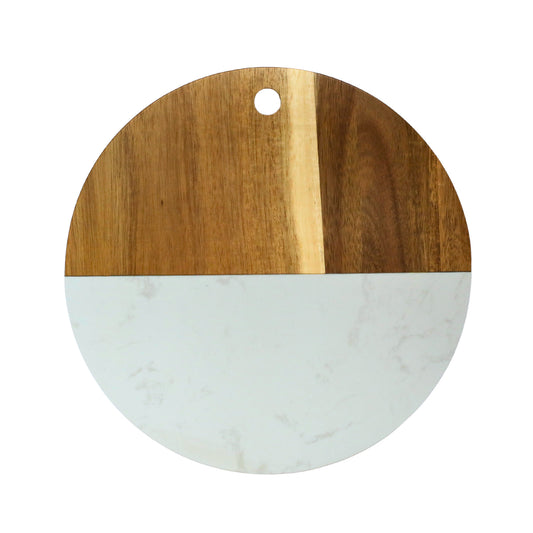 White Marble and Acacia Wood Round Board - 12"